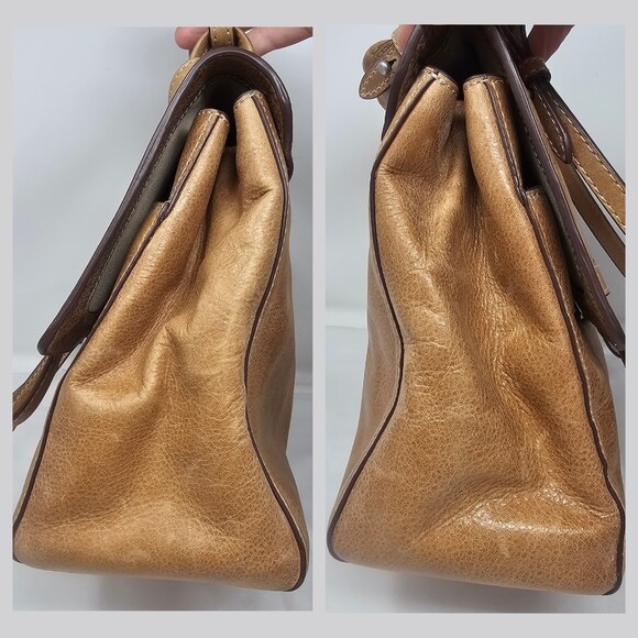 Frye Tan Distressed Leather Reed Flap Satchel Bag Purse Shoulderbag Top Handle - Picture 13 of 13